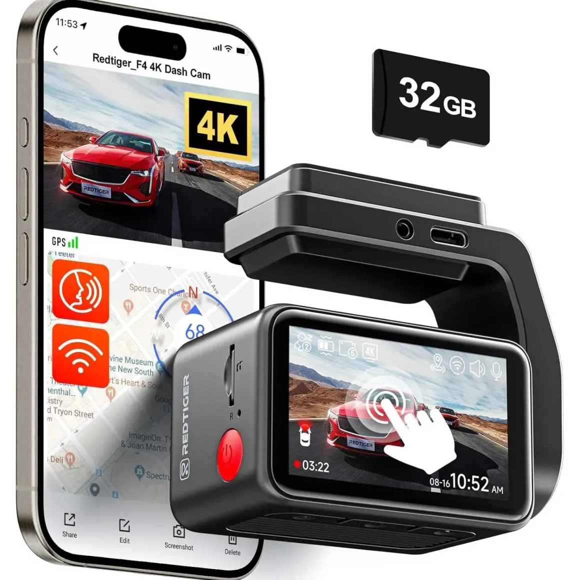 F4 4K Touch Wifi GPS 32gb dashcam