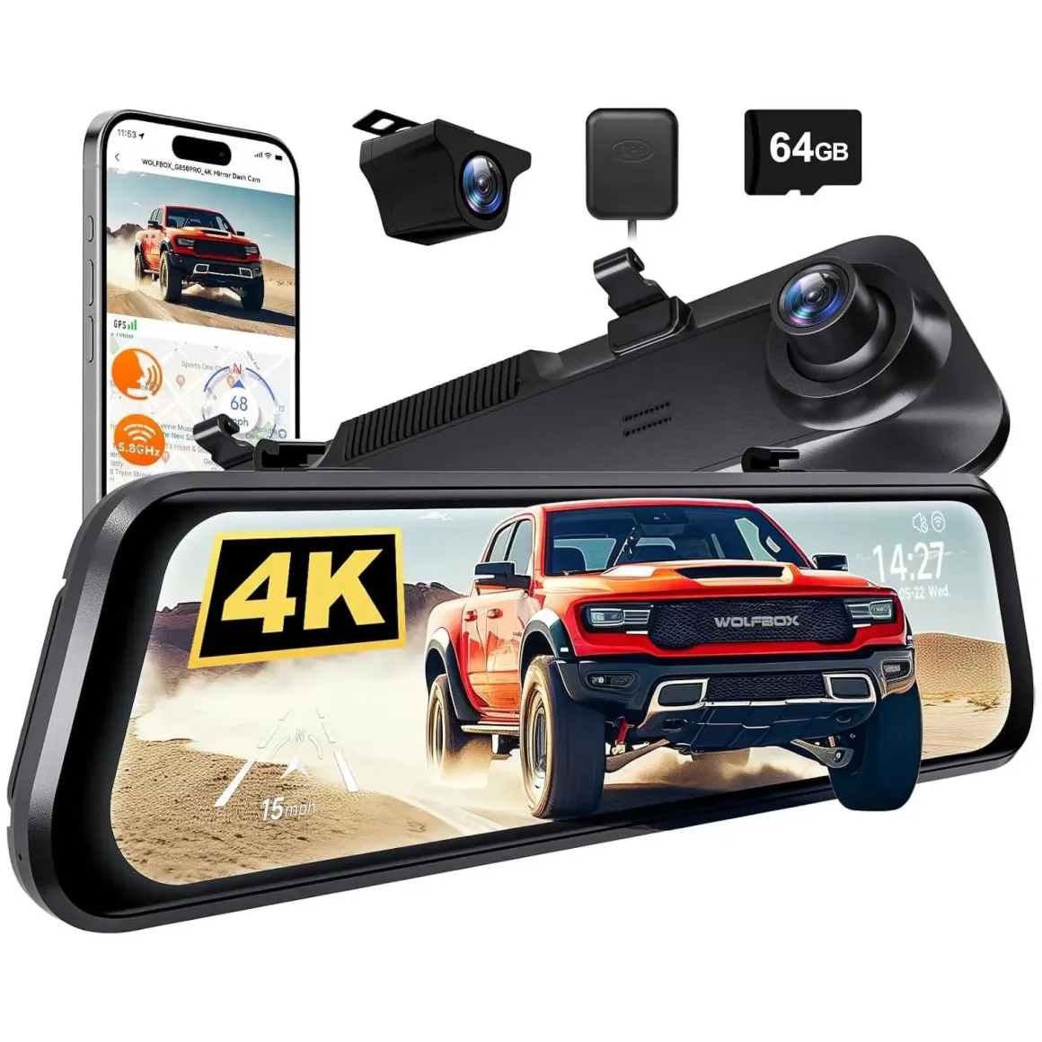 G850 Pro 4K Wifi GPS 64gb Mirror dashcam