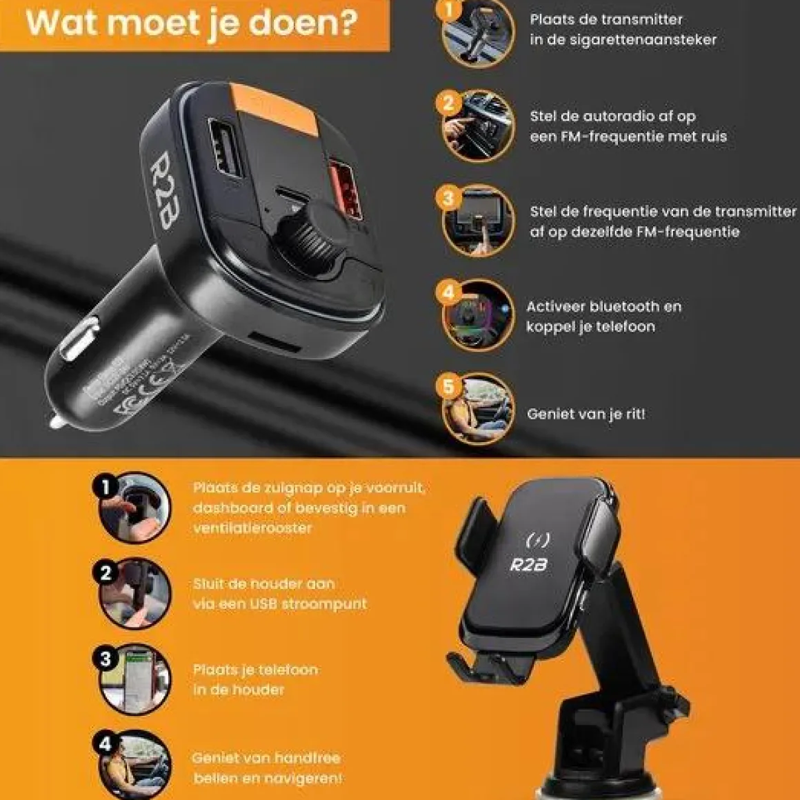 Telefoonhouder Auto Oplader + FM Transmitter