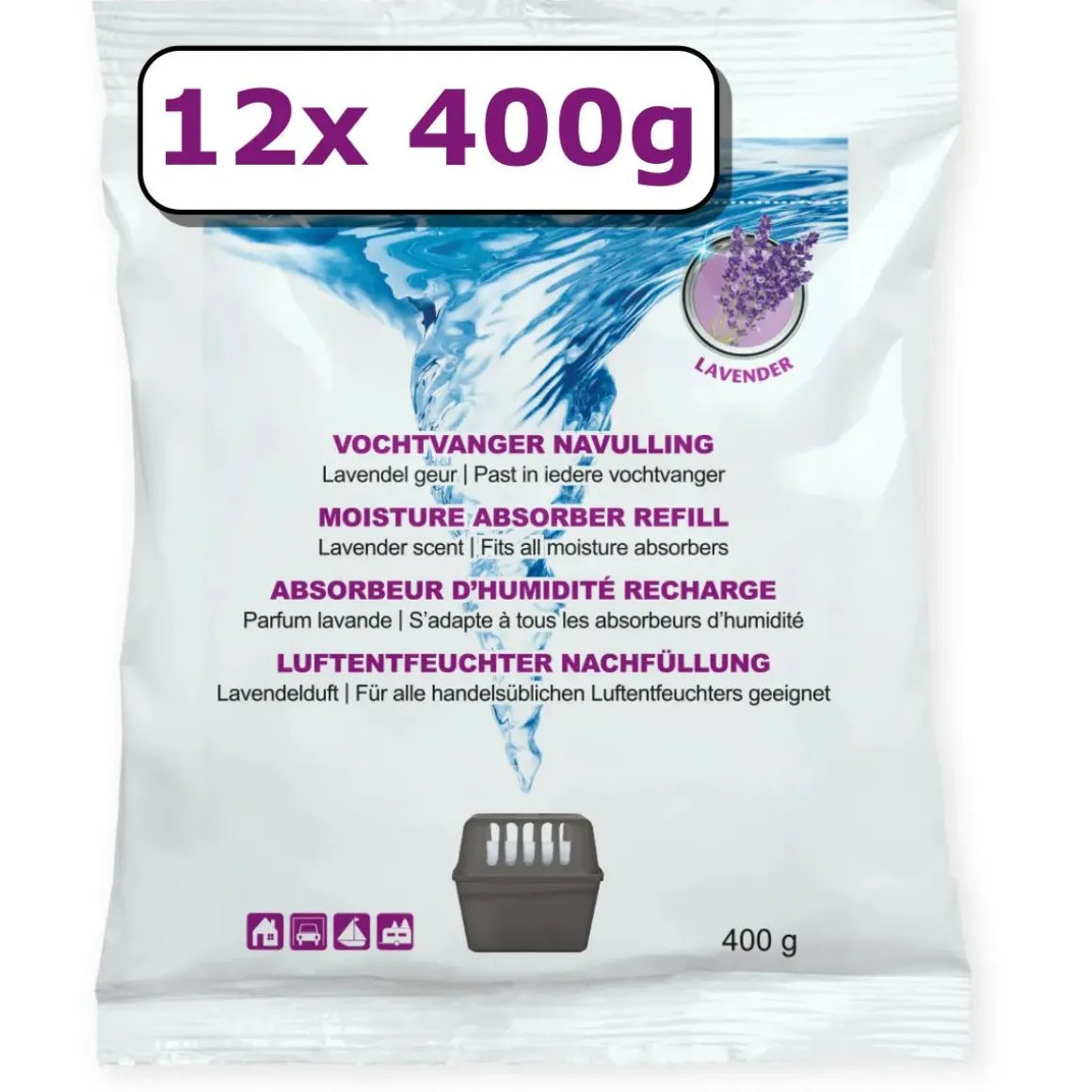 Vochtvanger navulling - 12x - 400 gram - lavendel